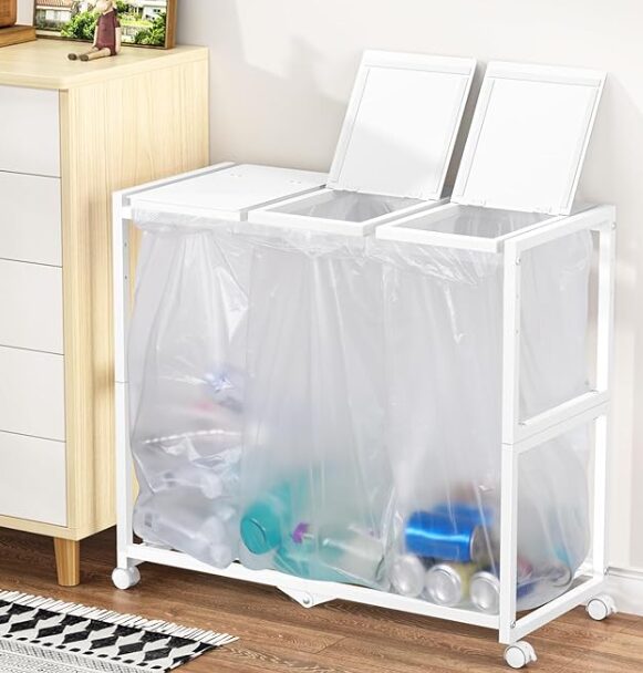 PRTONE ゴミ箱 分別 ゴミ袋ホルダー 3分別*45L ダストボックス キャスター付き 分別ゴミ箱 ふた付き おしゃれ スリム 3連 大容量 10L～55L袋対応 ゴミ袋 スタンド 縦開き キッチン 台所 リビング オフィス ゴミ箱ホルダー ダストワゴン ホワイト