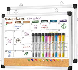 月間ホワイトボード＆コルクボード コンボ 43×33cm リバーシブル両面タイプ アルミフレーム付き 壁掛け用スケジュールボード 計画ボード 予定管理 オフィス/学校/家庭用-カラー