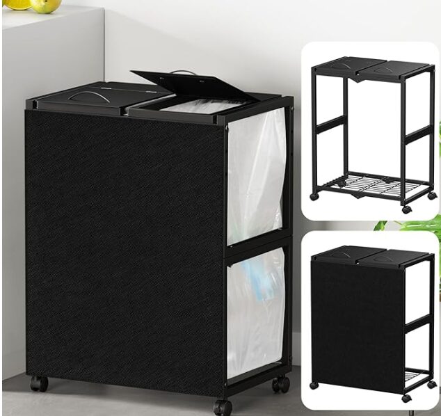 [マグネット式目隠し] ゴミ袋ホルダー 平袋・U型袋両対応 TTWO ダストワゴン ゴミ箱 2分別×45L ふた付き 10L～55L ゴミ箱ホルダー ゴミ分別 ゴミ袋スタンド ポリ袋ラック レジ袋スタンド リサイクルスタンド ゴミ捨て簡単 エコ スリム キッチン 台所 リビング オフィス キャスター/アジャスター両方付き (ブラック)