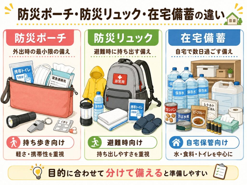 防災ポーチ・防災リュック・在宅備蓄の違い