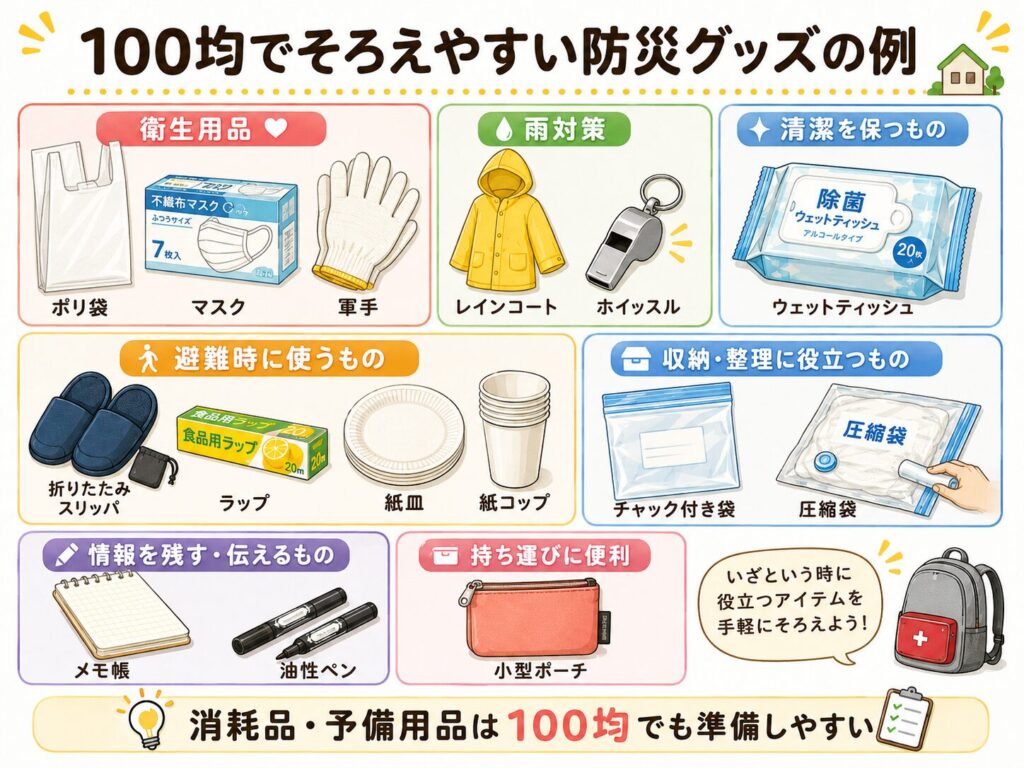 100均でそろえやすい防災グッズの例