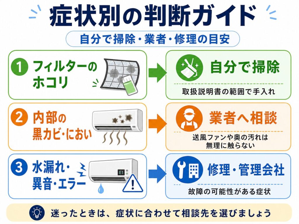 エアコンの症状別に自分で掃除・業者・修理を判断する図
