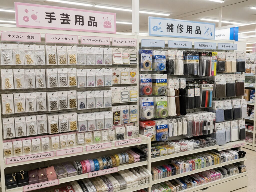 100均の手芸用品と補修用品の売り場イメージ