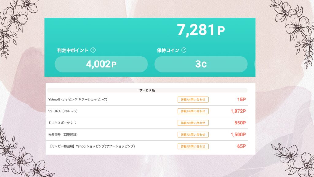 モッピーの保有ポイント7281Pと判定中ポイント4002P